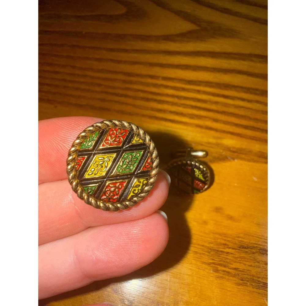 Sarah Coventry Vintage Harlequin Enamel Gold Tone Rope Border Cufflinks Mens